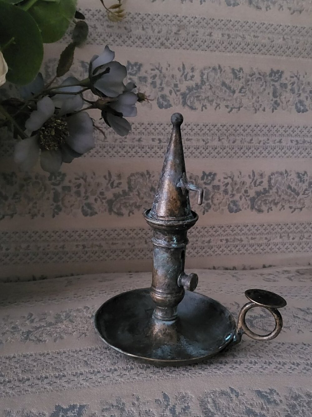 Vintage Brass Chamberstick Rat de Cave Candle Holder Made in Italy Verdigris